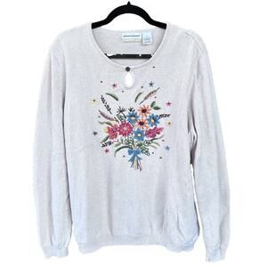 Vintage Alfred Dunner Crewel Embroidered Flower Bouquet Design Sweater Size 1X